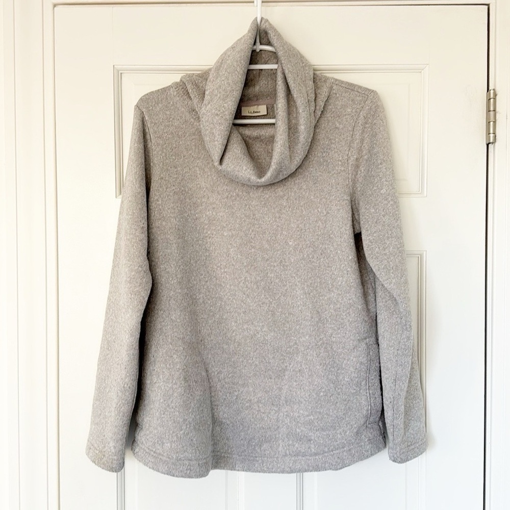 L.L.BEAN cozy pullover size M grey knit cowl neck pockets sweater
